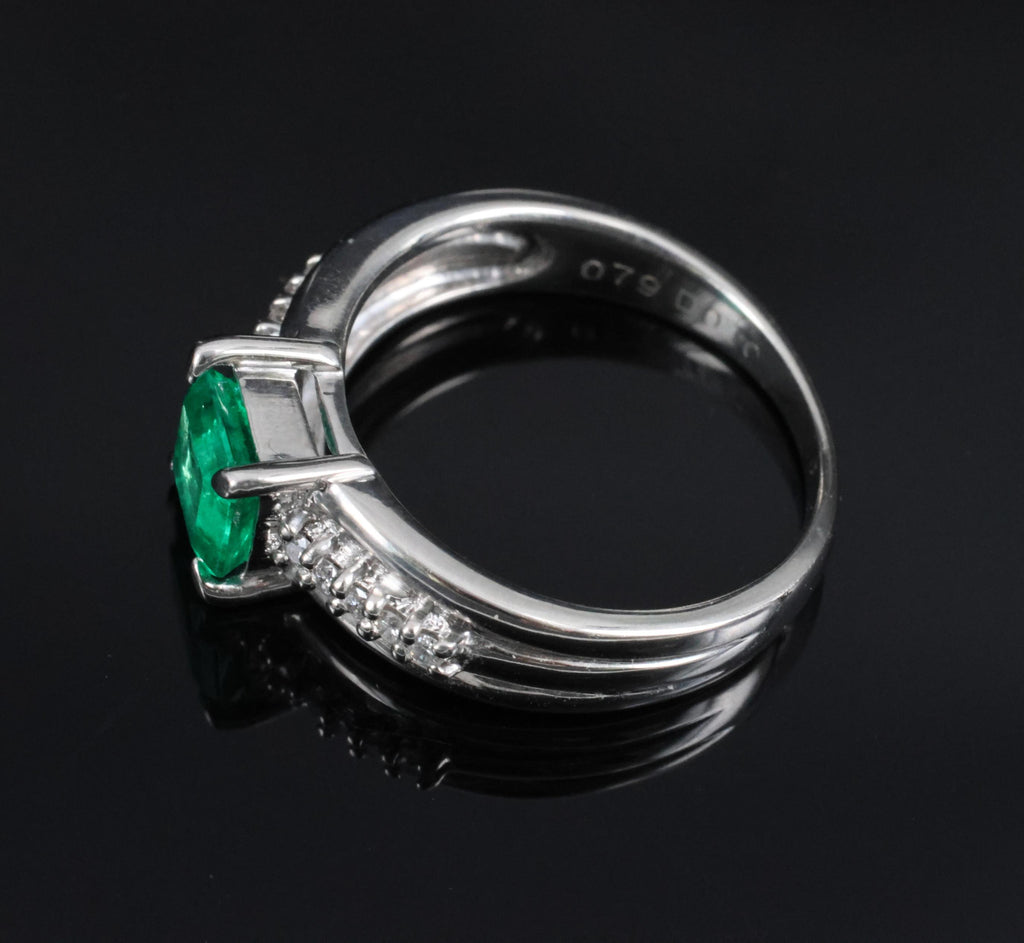 Fine 0.79ct Natural Colombian Emerald & 0.10ct Diamond Platinum Ring, Size 5.25