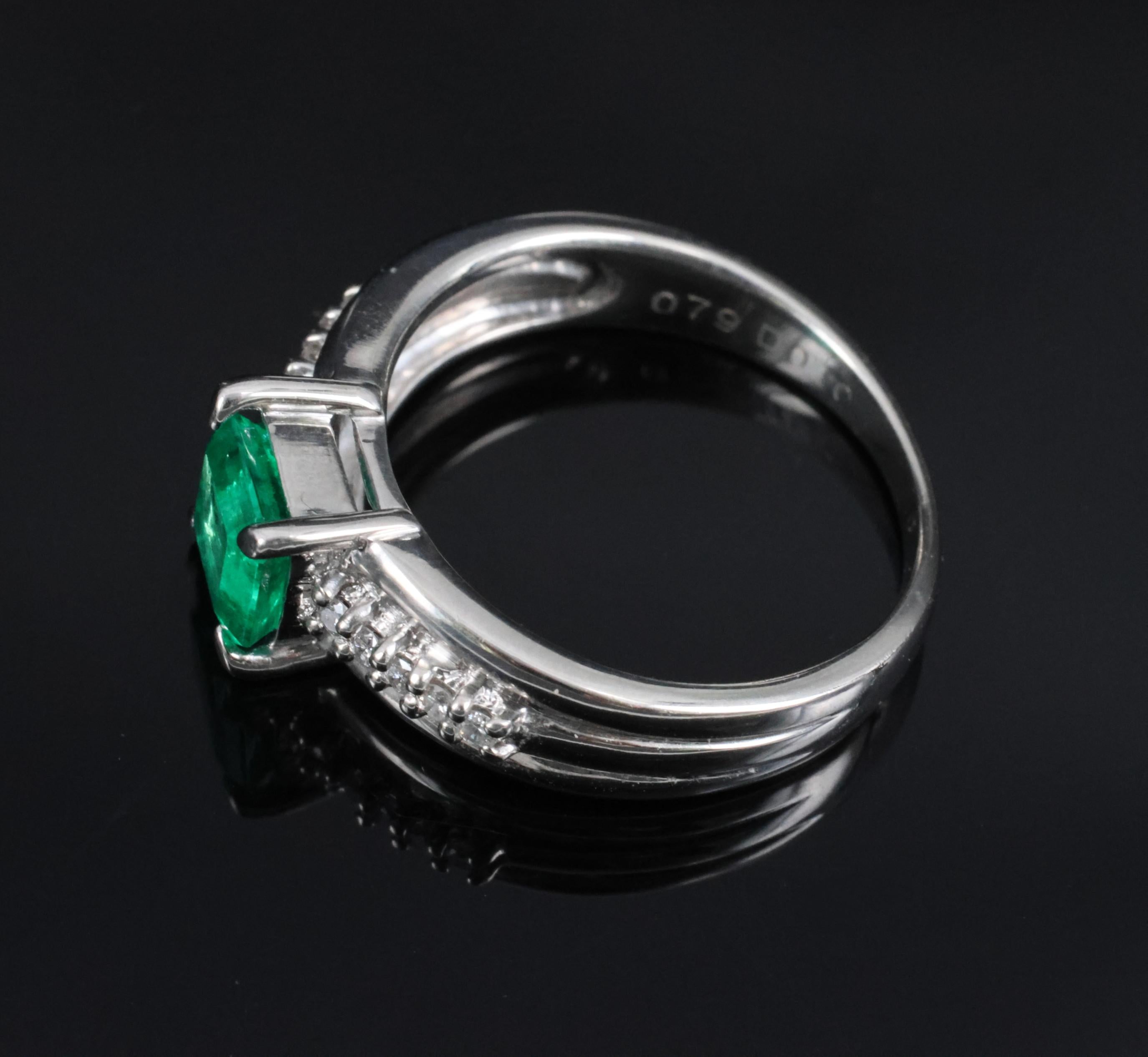 Fine 0.79ct Natural Colombian Emerald & 0.10ct Diamond Platinum Ring, Size 5.25
