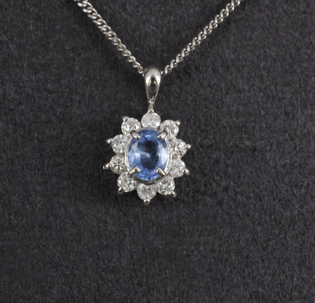0.51ct Natural Cornflower Blue Sapphire & 0.27ct Diamond Halo Platinum Necklace