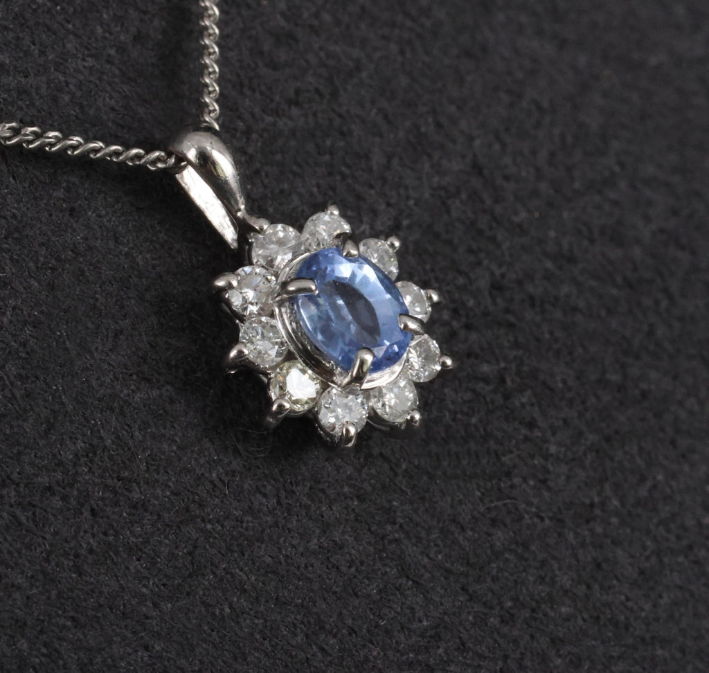 0.51ct Natural Cornflower Blue Sapphire & 0.27ct Diamond Halo Platinum Necklace