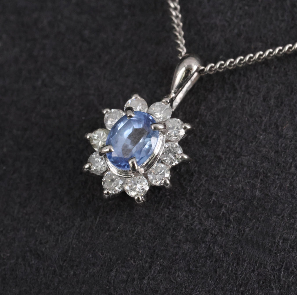 0.51ct Natural Cornflower Blue Sapphire & 0.27ct Diamond Halo Platinum Necklace