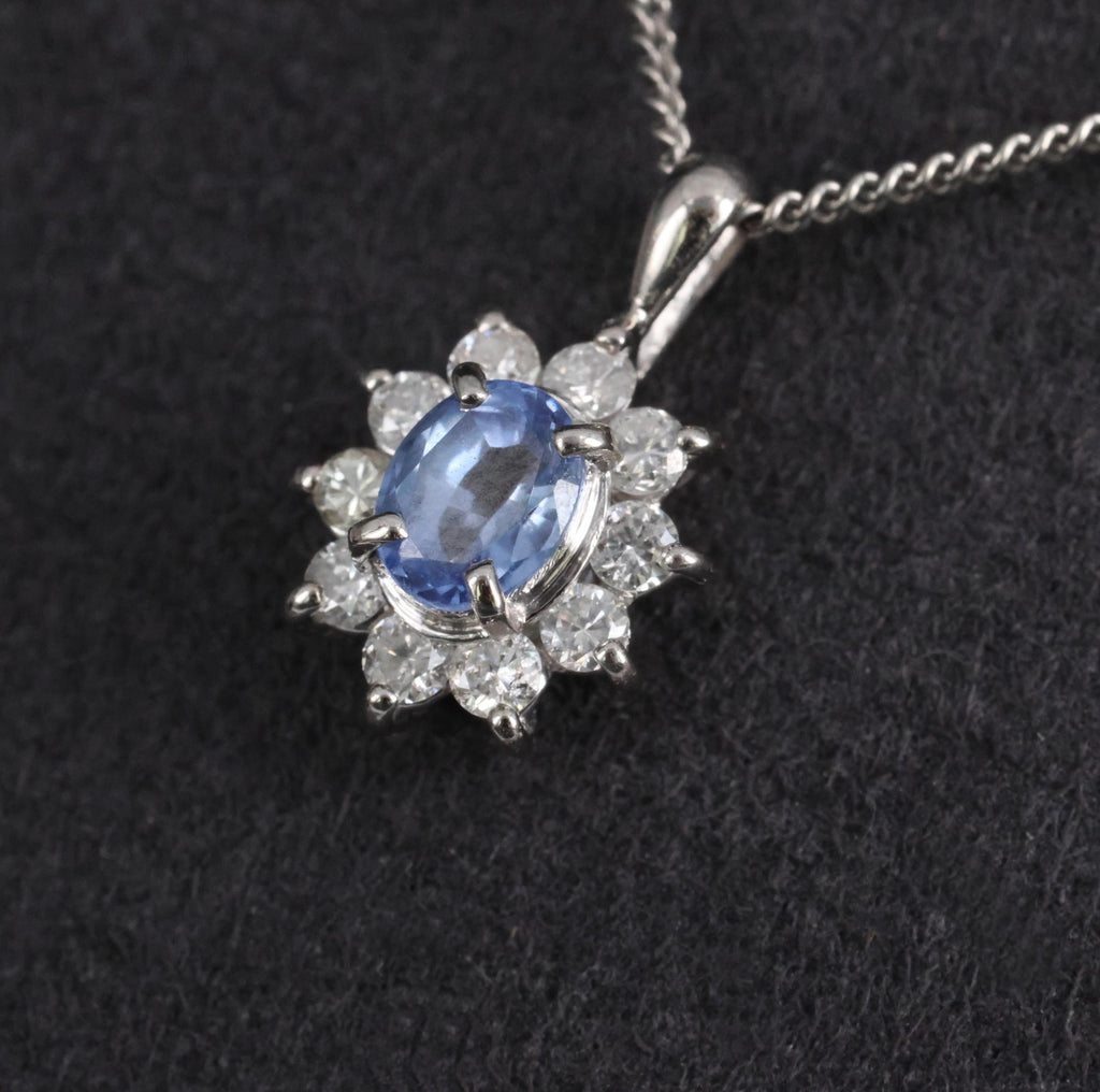 0.51ct Natural Cornflower Blue Sapphire & 0.27ct Diamond Halo Platinum Necklace