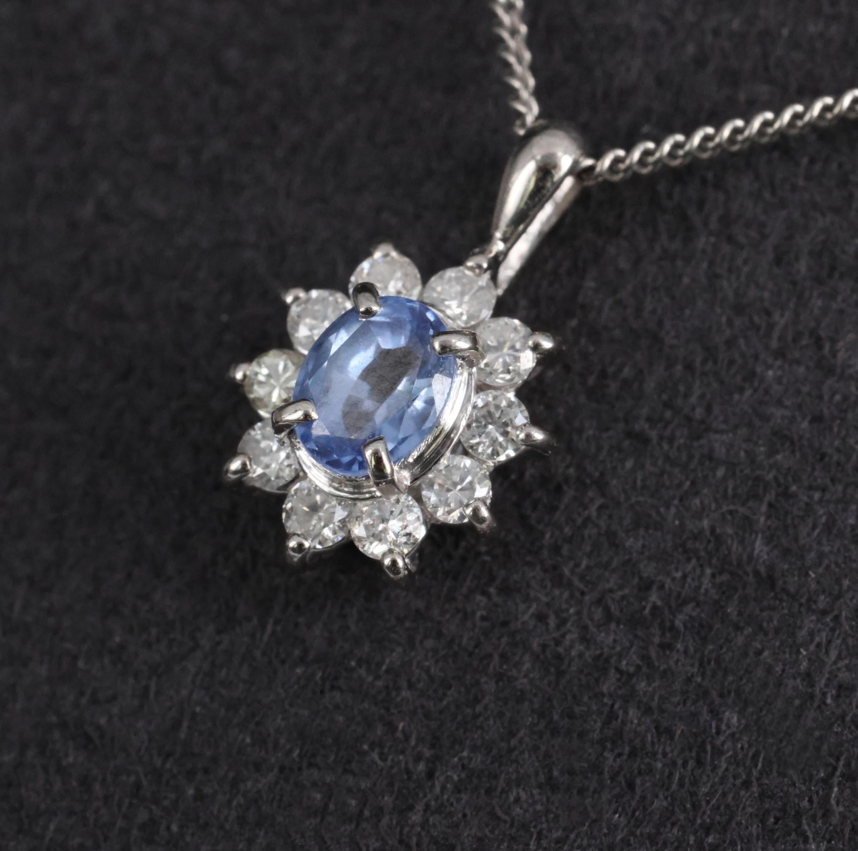 0.51ct Natural Cornflower Blue Sapphire & 0.27ct Diamond Halo Platinum Necklace