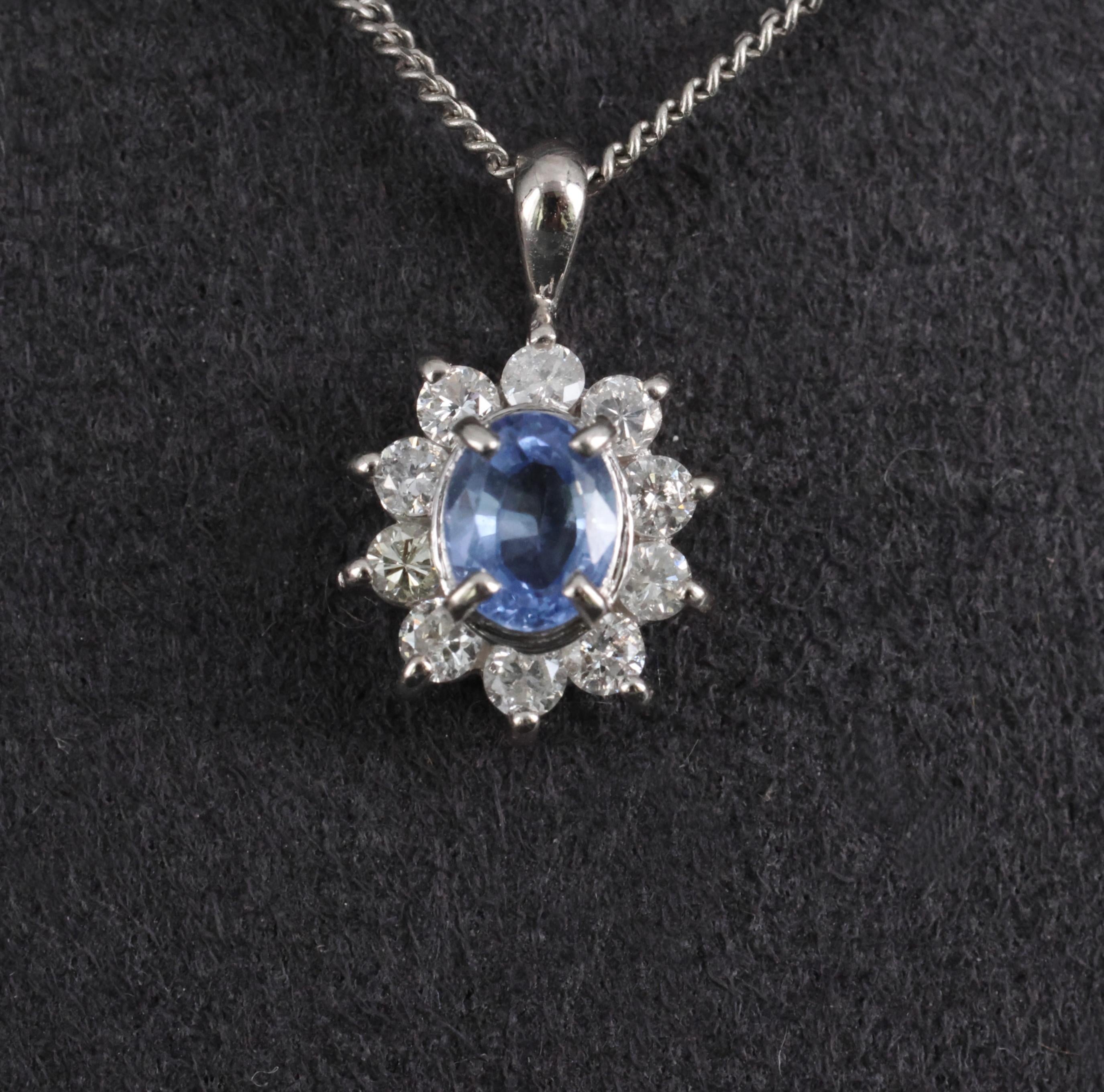 0.51ct Natural Cornflower Blue Sapphire & 0.27ct Diamond Halo Platinum Necklace