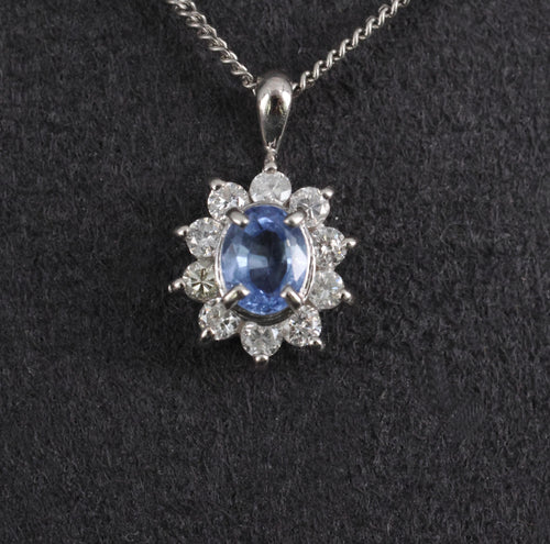 0.51ct Natural Cornflower Blue Sapphire & 0.27ct Diamond Halo Platinum Necklace
