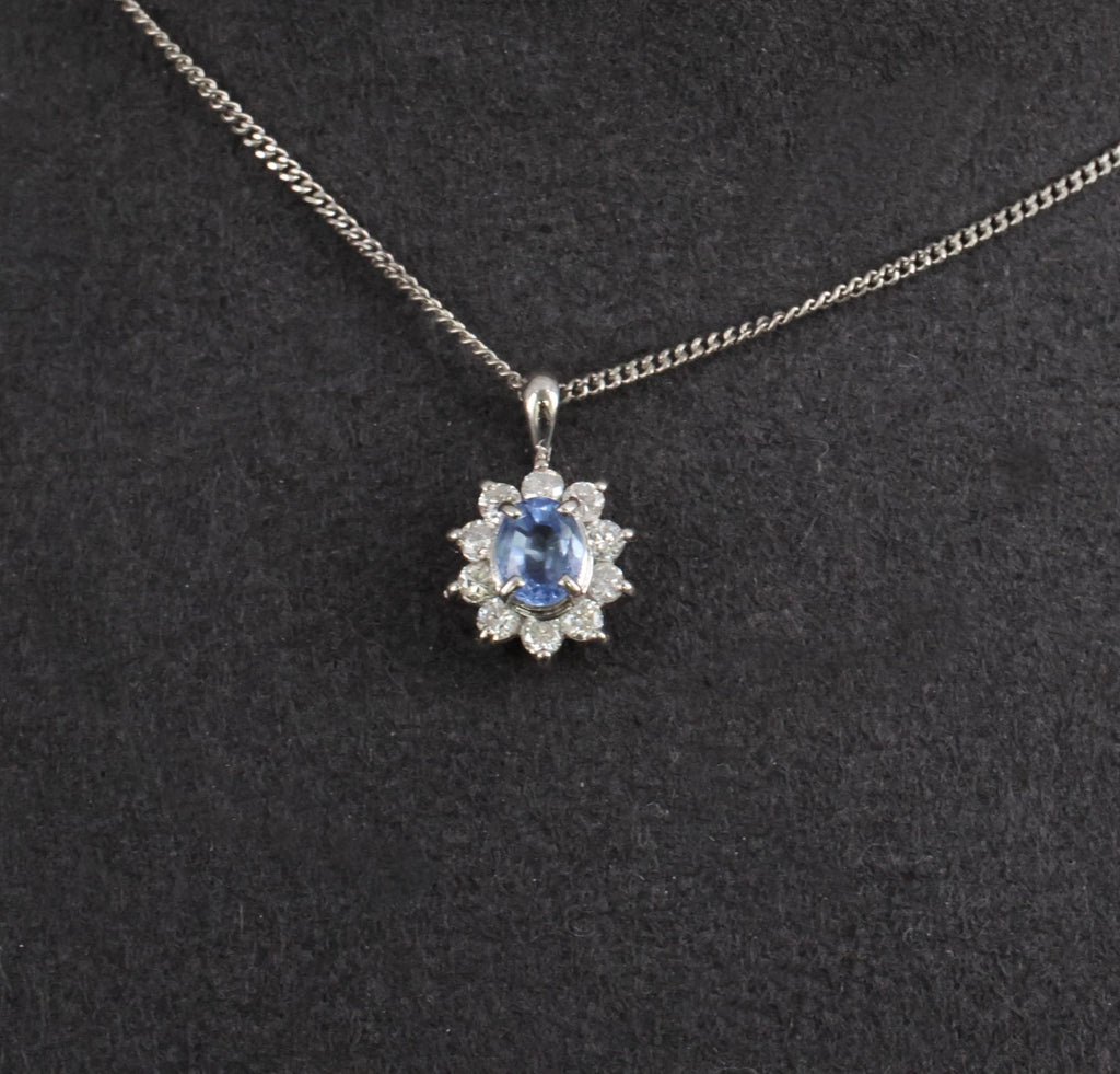 0.51ct Natural Cornflower Blue Sapphire & 0.27ct Diamond Halo Platinum Necklace