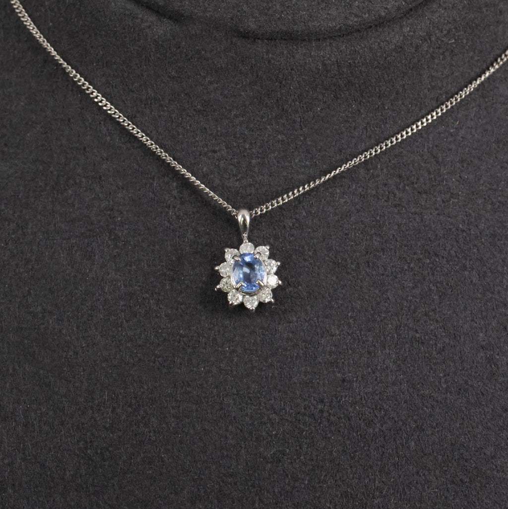 0.51ct Natural Cornflower Blue Sapphire & 0.27ct Diamond Halo Platinum Necklace