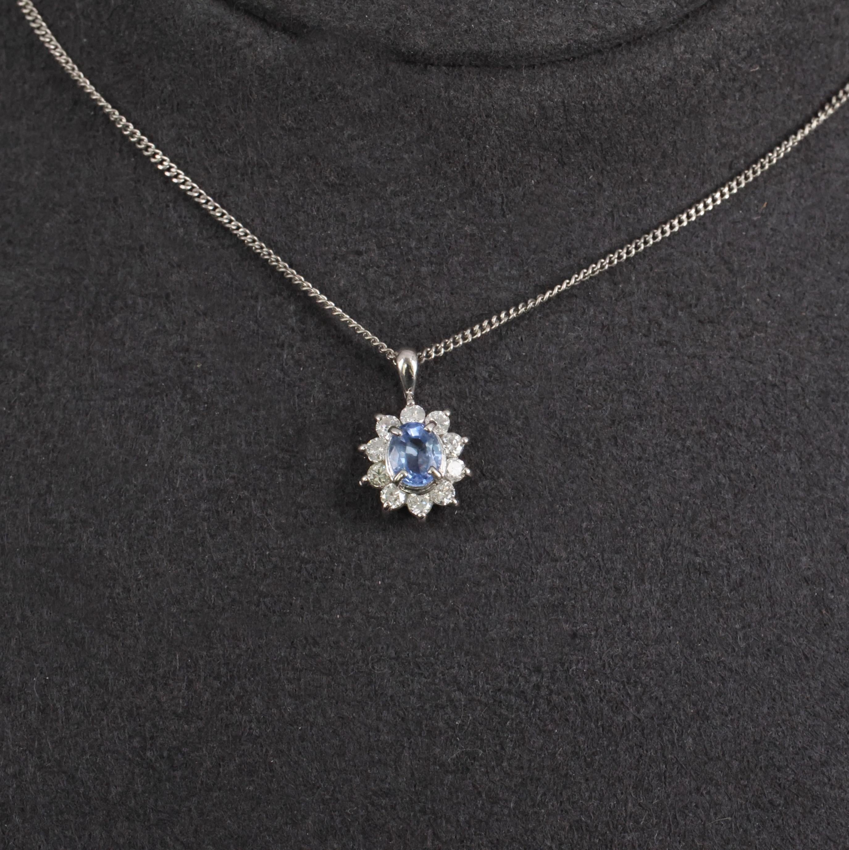 0.51ct Natural Cornflower Blue Sapphire & 0.27ct Diamond Halo Platinum Necklace