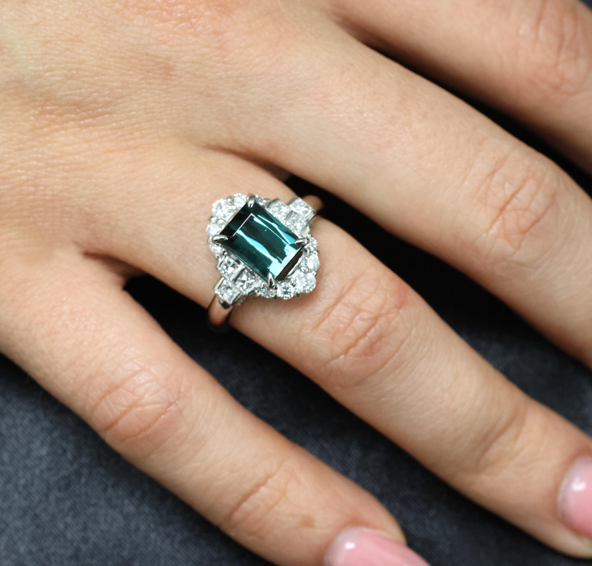 2.61ct Natural Indicolite Tourmaline & 0.77ct Diamond Platinum Ring, Size 7.75