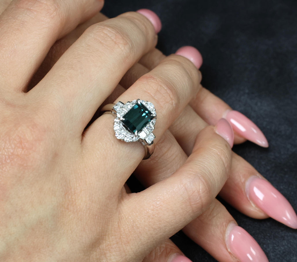 2.61ct Natural Indicolite Tourmaline & 0.77ct Diamond Platinum Ring, Size 7.75