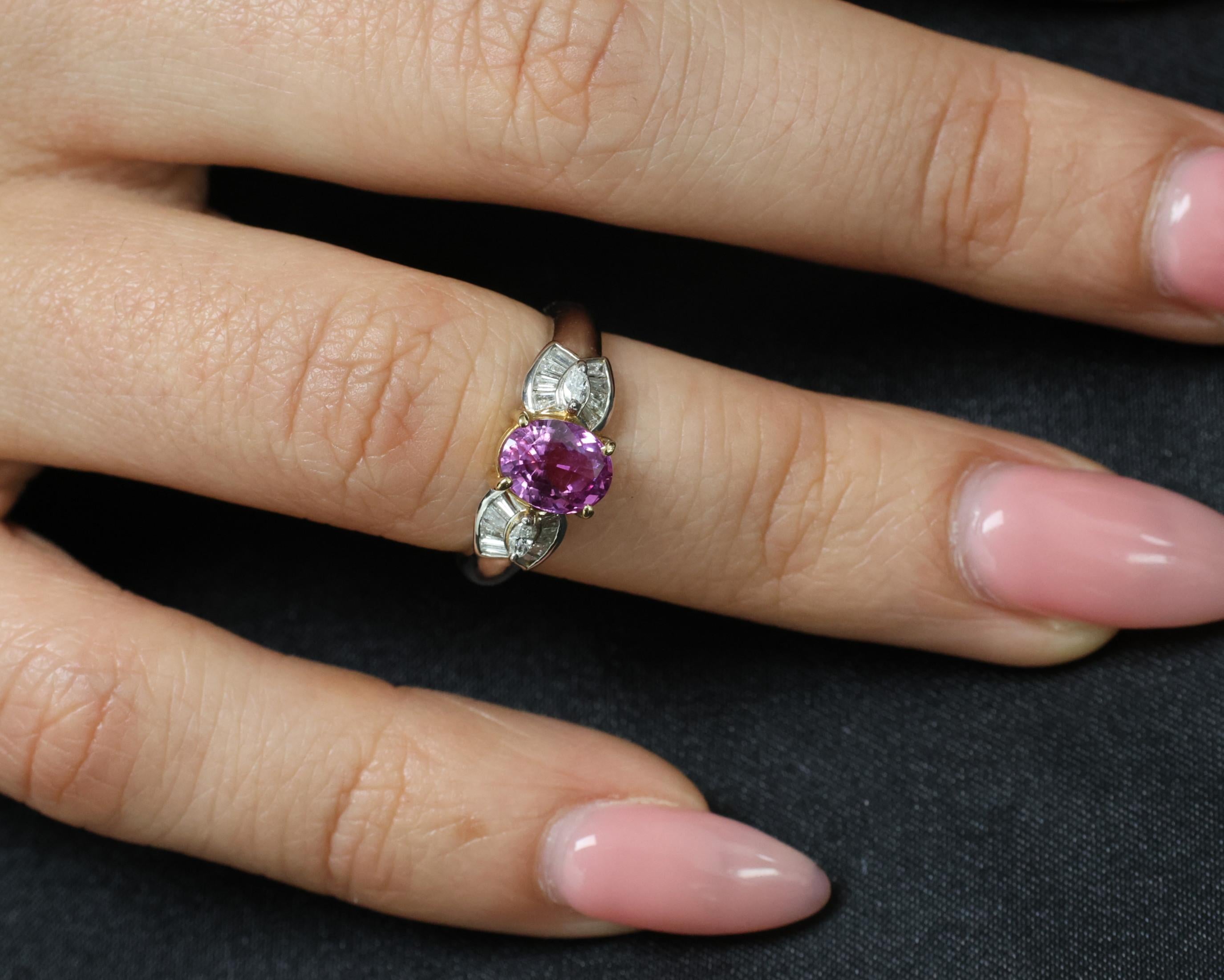 1.55ct Natural Pink Sapphire & 0.24ct Diamond Platinum 18K Gold Ring, Size 5