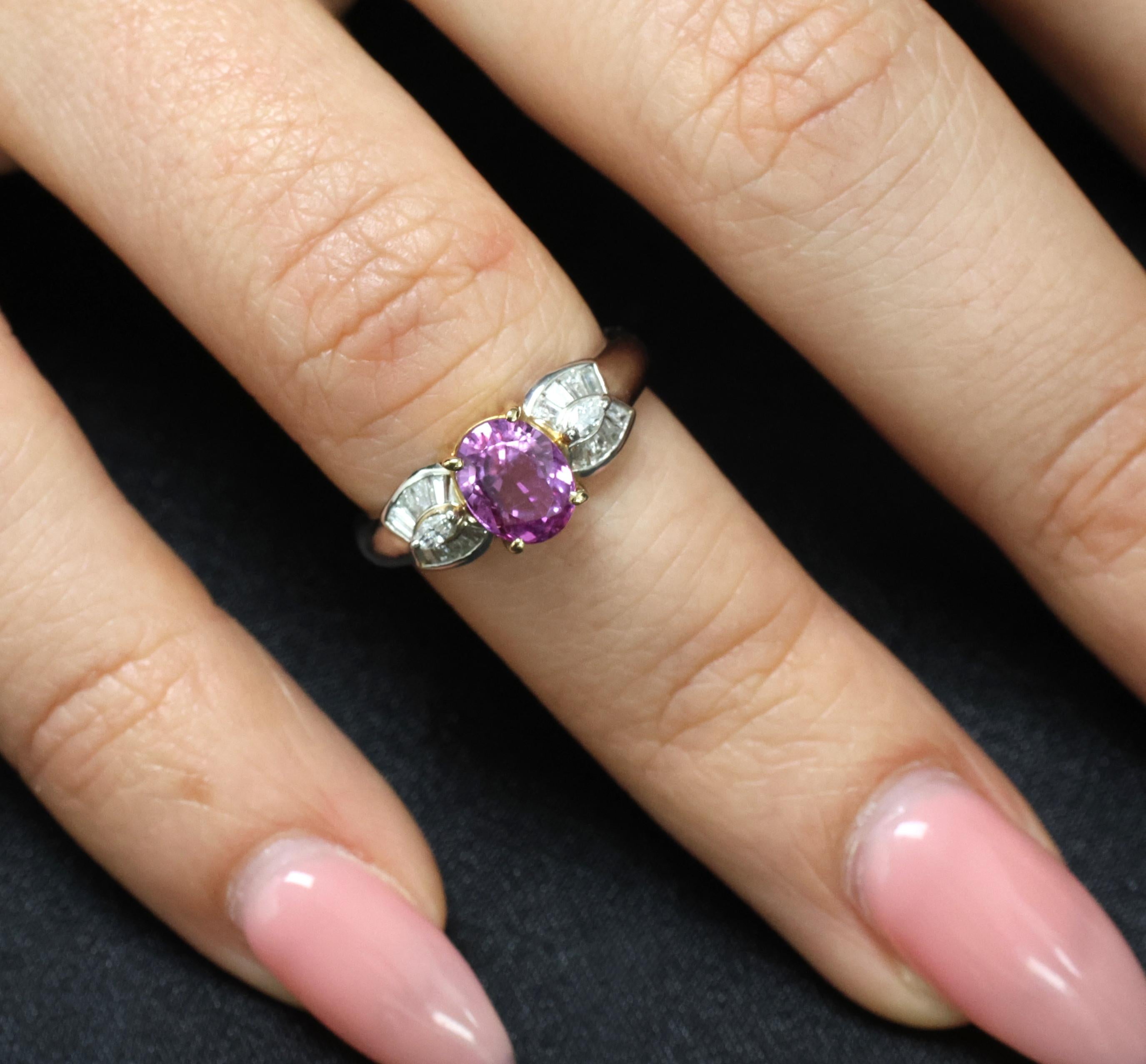 1.55ct Natural Pink Sapphire & 0.24ct Diamond Platinum 18K Gold Ring, Size 5