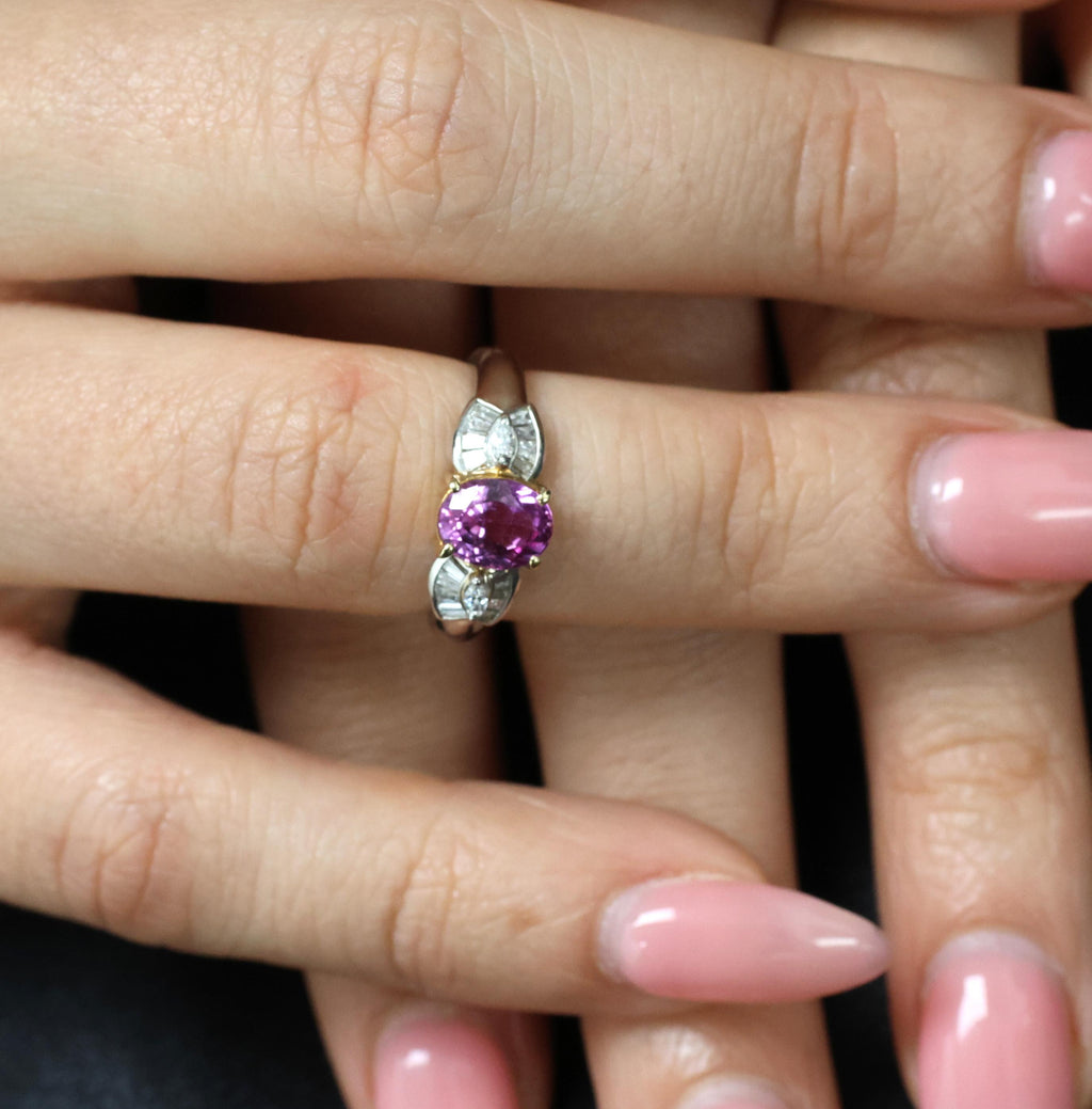 1.55ct Natural Pink Sapphire & 0.24ct Diamond Platinum 18K Gold Ring, Size 5