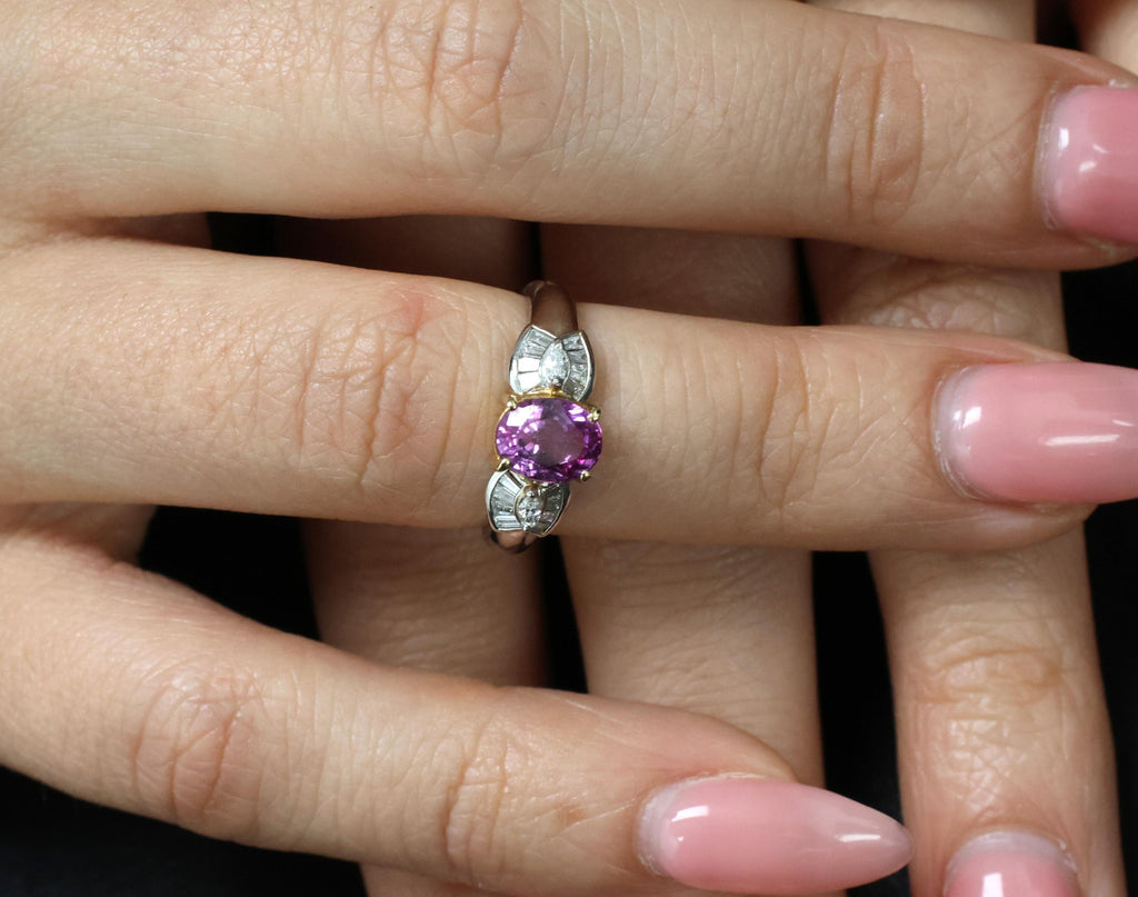 1.55ct Natural Pink Sapphire & 0.24ct Diamond Platinum 18K Gold Ring, Size 5