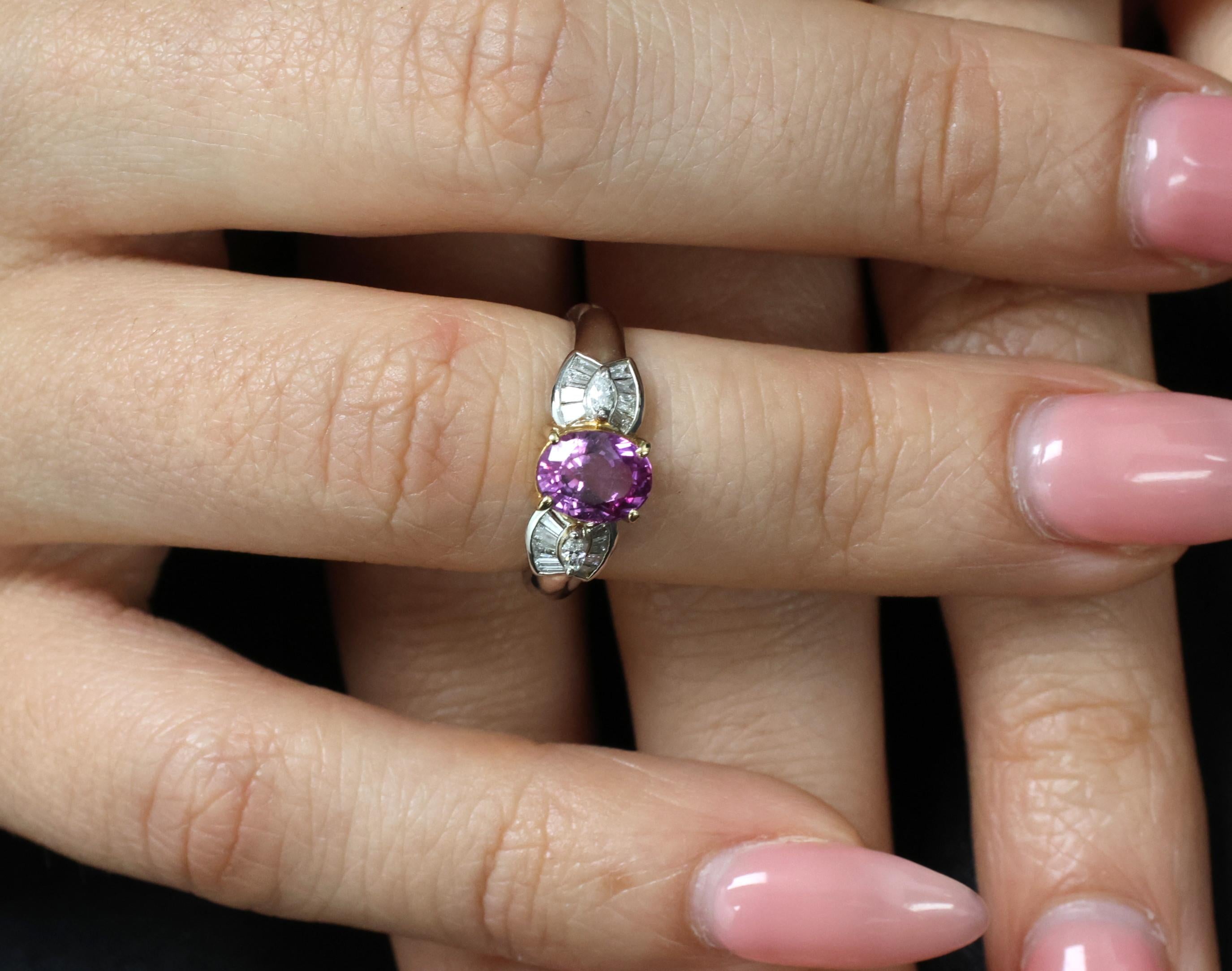 1.55ct Natural Pink Sapphire & 0.24ct Diamond Platinum 18K Gold Ring, Size 5