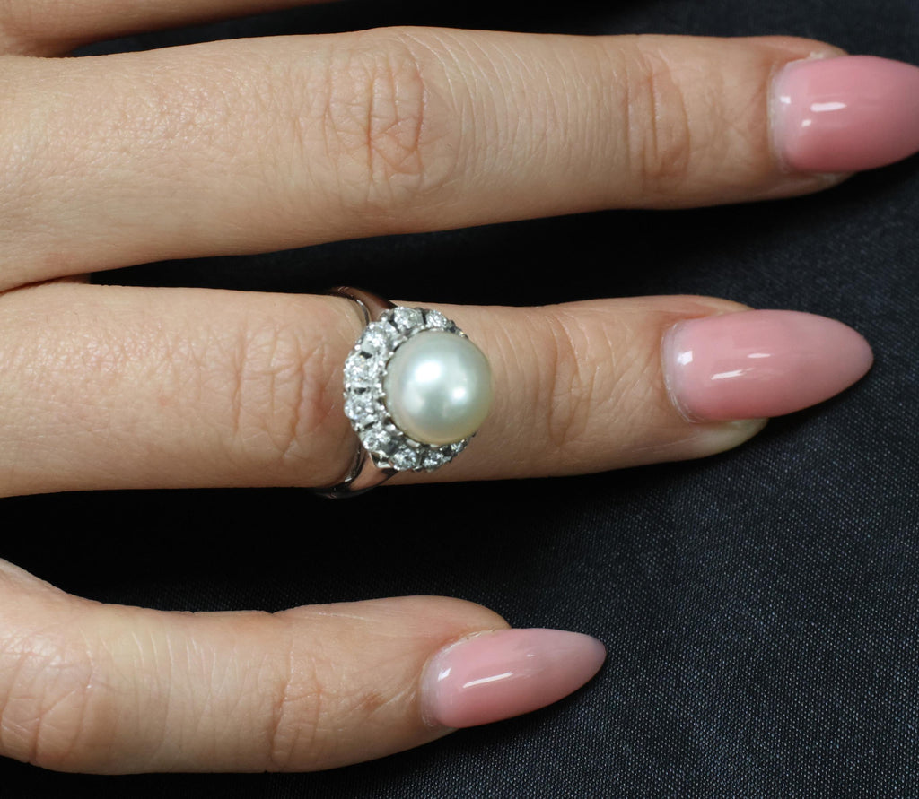 Vintage 9.5mm South Seas Cultured Pearl & 0.48ct Diamond Platinum Ring, Size 6