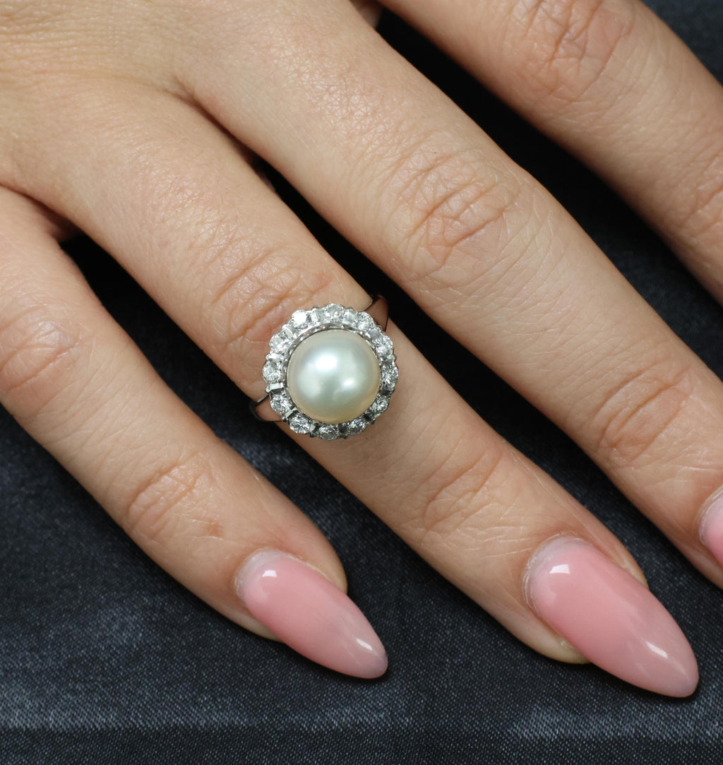 Vintage 9.5mm South Seas Cultured Pearl & 0.48ct Diamond Platinum Ring, Size 6