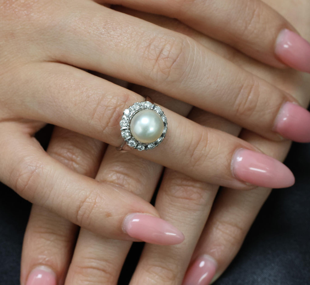 Vintage 9.5mm South Seas Cultured Pearl & 0.48ct Diamond Platinum Ring, Size 6