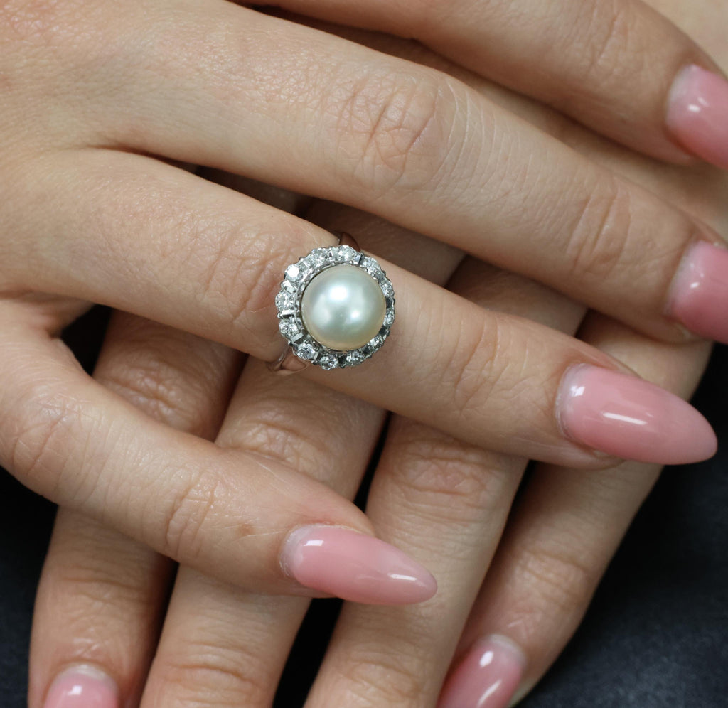 Vintage 9.5mm South Seas Cultured Pearl & 0.48ct Diamond Platinum Ring, Size 6