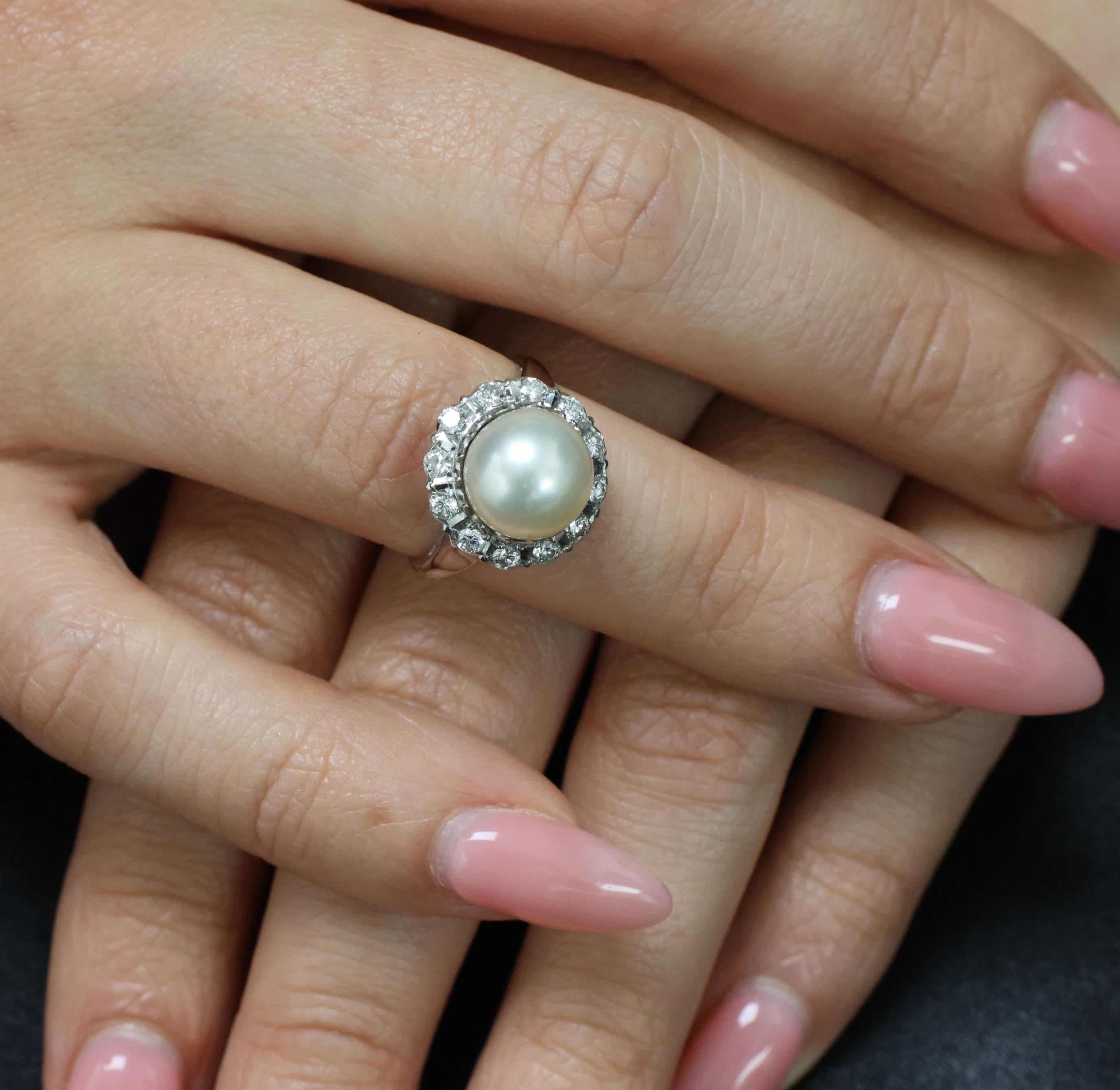 Vintage 9.5mm South Seas Cultured Pearl & 0.48ct Diamond Platinum Ring, Size 6