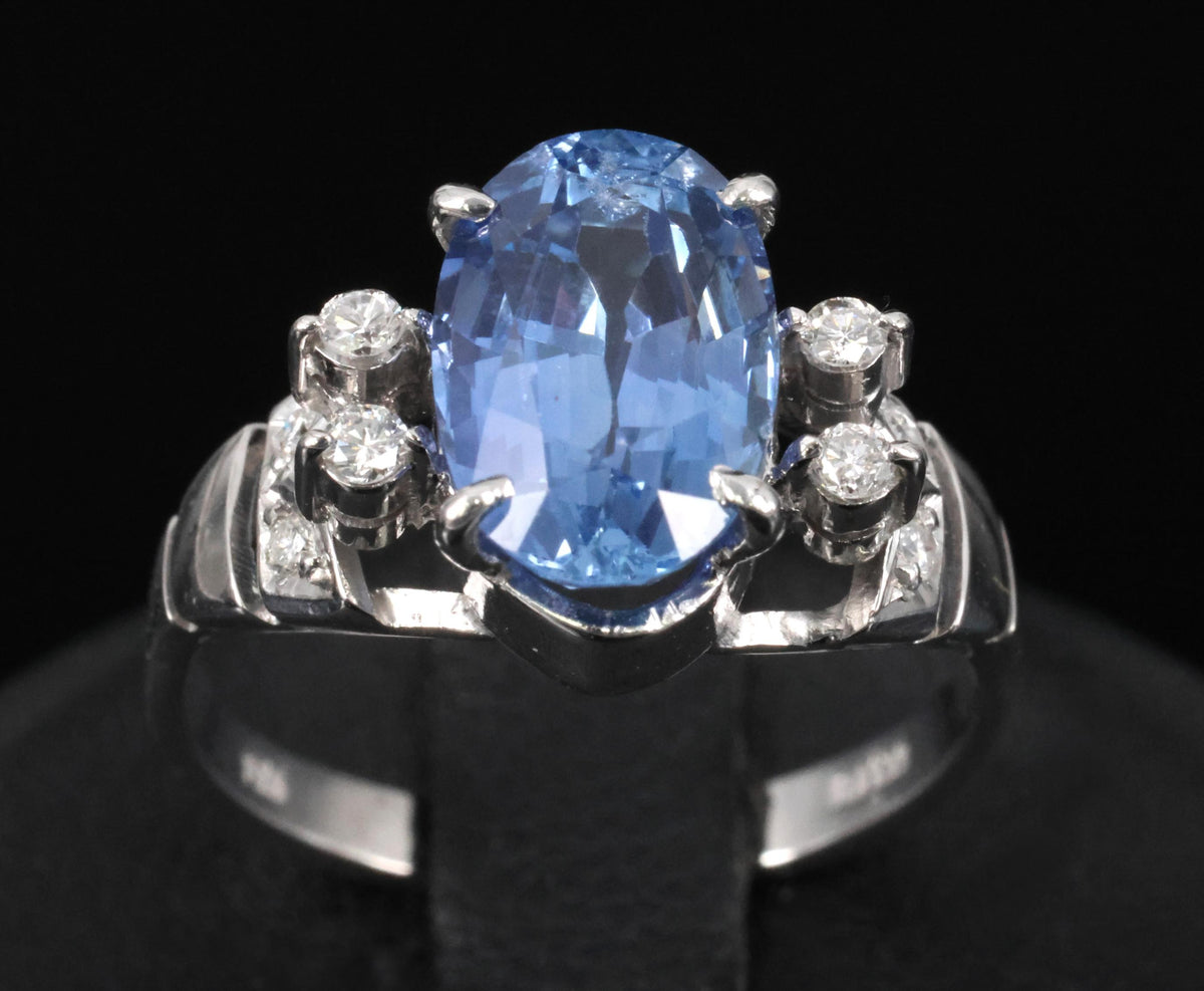 Fine 3.62ct GIA Ceylon No Heat Blue Sapphire 0.20ct Diamond 18K Gold Ring Size 6