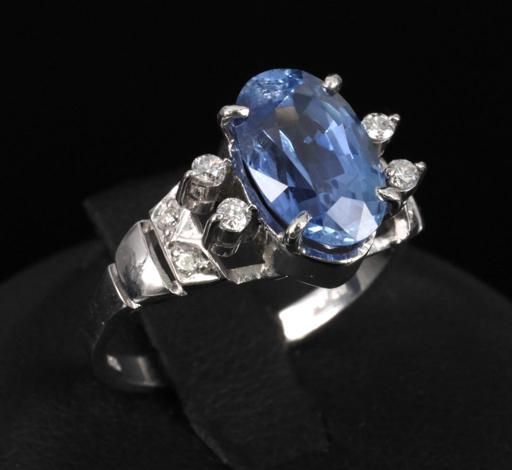 Fine 3.62ct GIA Ceylon No Heat Blue Sapphire 0.20ct Diamond 18K Gold Ring Size 6
