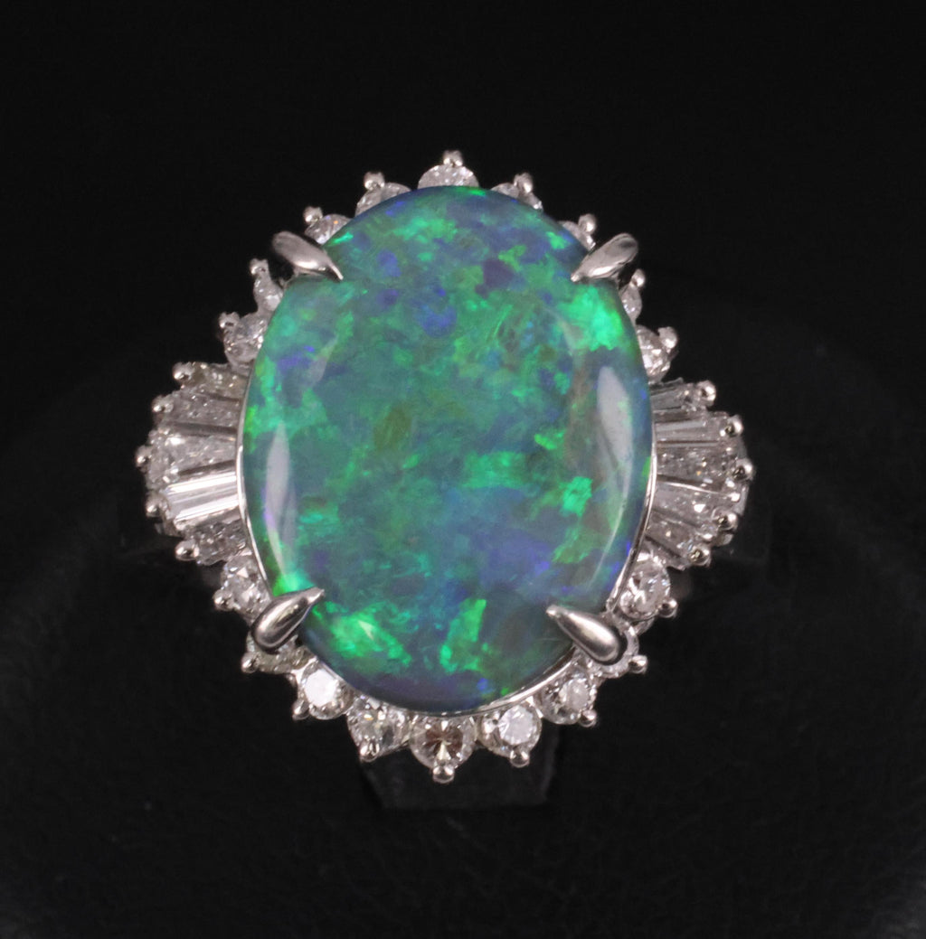 Fine 6.00ct Natural Untreated Black Opal 0.80ct Diamond Platinum Ring, Size 8.25