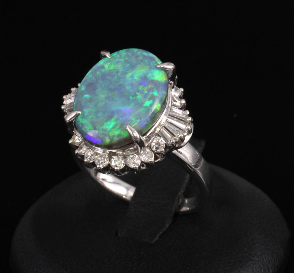 Fine 6.00ct Natural Untreated Black Opal 0.80ct Diamond Platinum Ring, Size 8.25