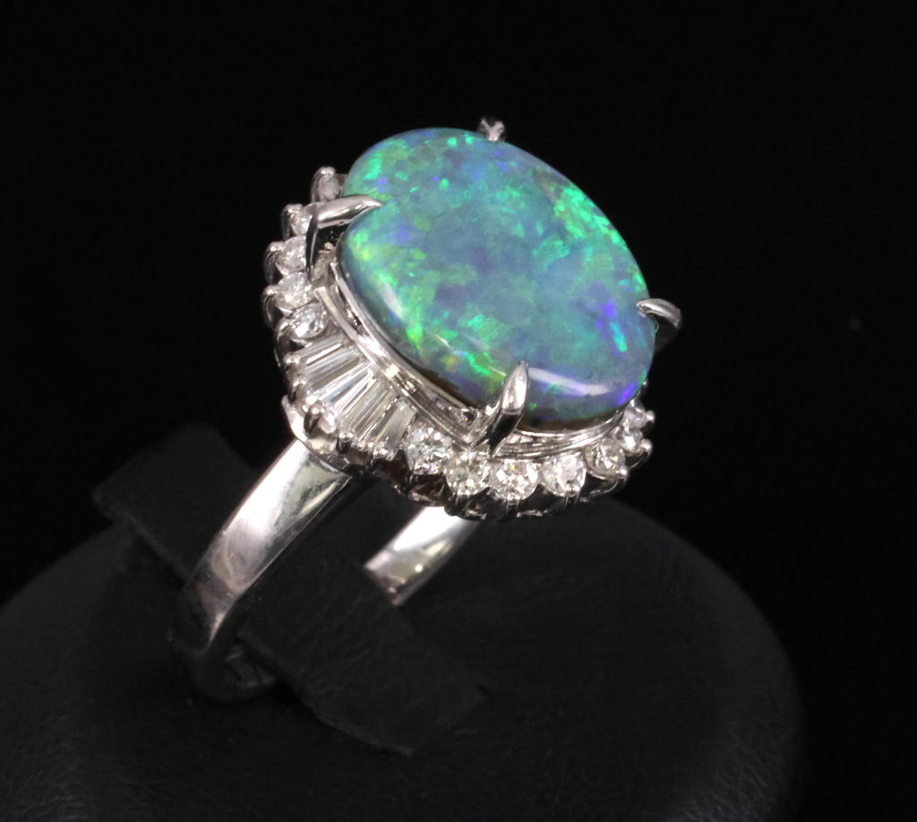 Fine 6.00ct Natural Untreated Black Opal 0.80ct Diamond Platinum Ring, Size 8.25