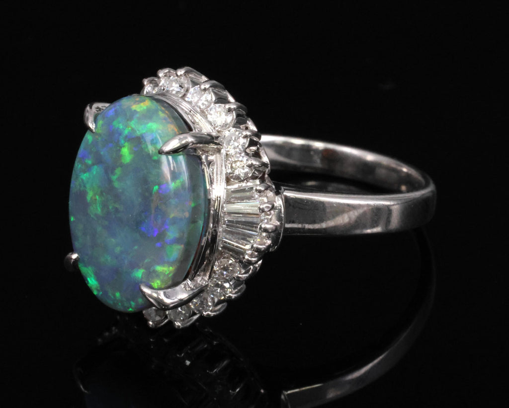 Fine 6.00ct Natural Untreated Black Opal 0.80ct Diamond Platinum Ring, Size 8.25