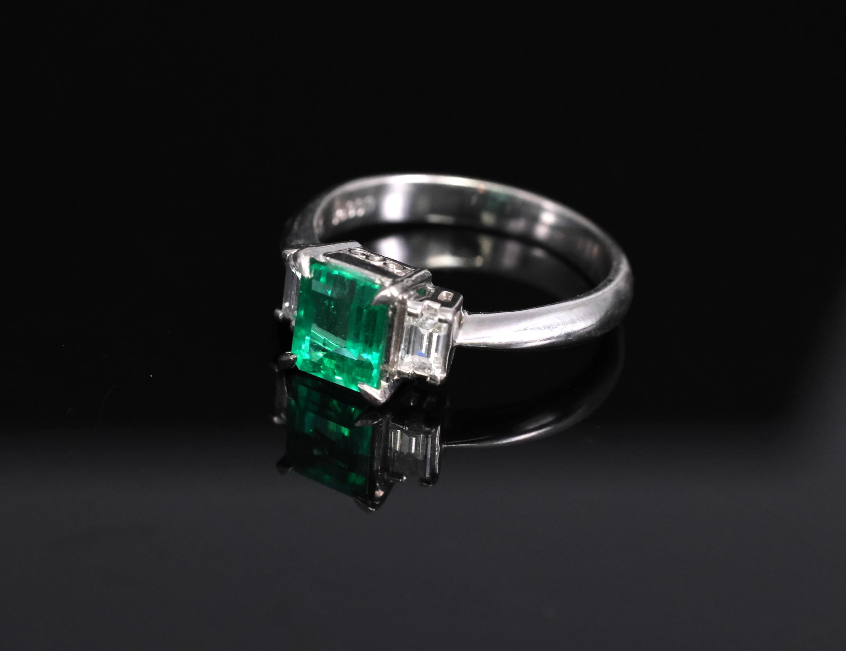 0.96ct GIA Colombian Untreated No Oil Emerald & Diamond Platinum Ring Size 5.75