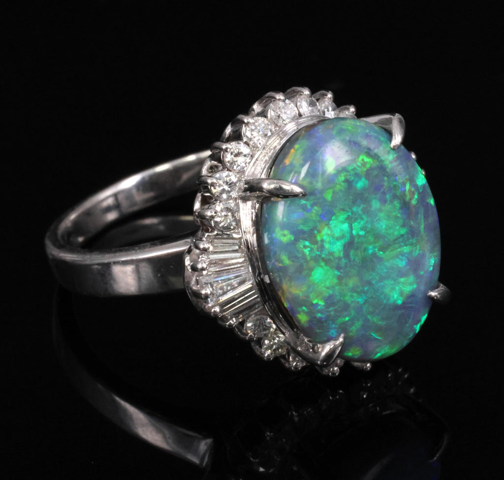 Fine 6.00ct Natural Untreated Black Opal 0.80ct Diamond Platinum Ring, Size 8.25