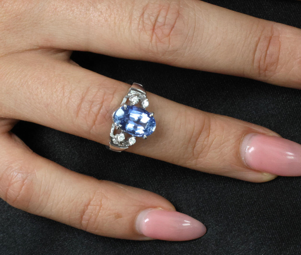 Fine 3.62ct GIA Ceylon No Heat Blue Sapphire 0.20ct Diamond 18K Gold Ring Size 6