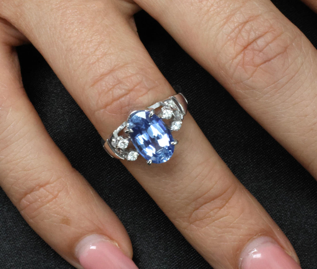 Fine 3.62ct GIA Ceylon No Heat Blue Sapphire 0.20ct Diamond 18K Gold Ring Size 6