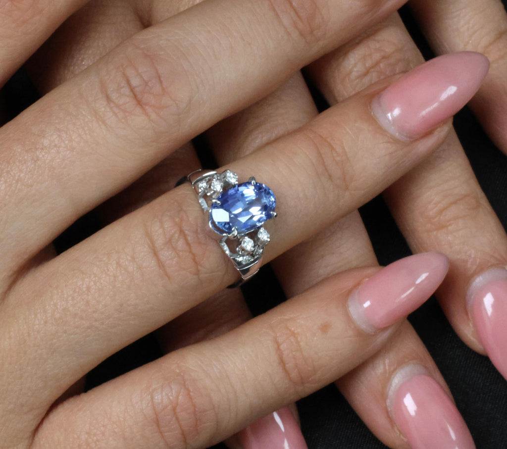 Fine 3.62ct GIA Ceylon No Heat Blue Sapphire 0.20ct Diamond 18K Gold Ring Size 6