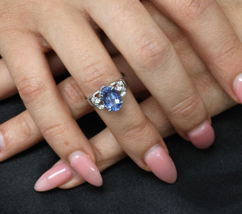 Fine 3.62ct GIA Ceylon No Heat Blue Sapphire 0.20ct Diamond 18K Gold Ring Size 6
