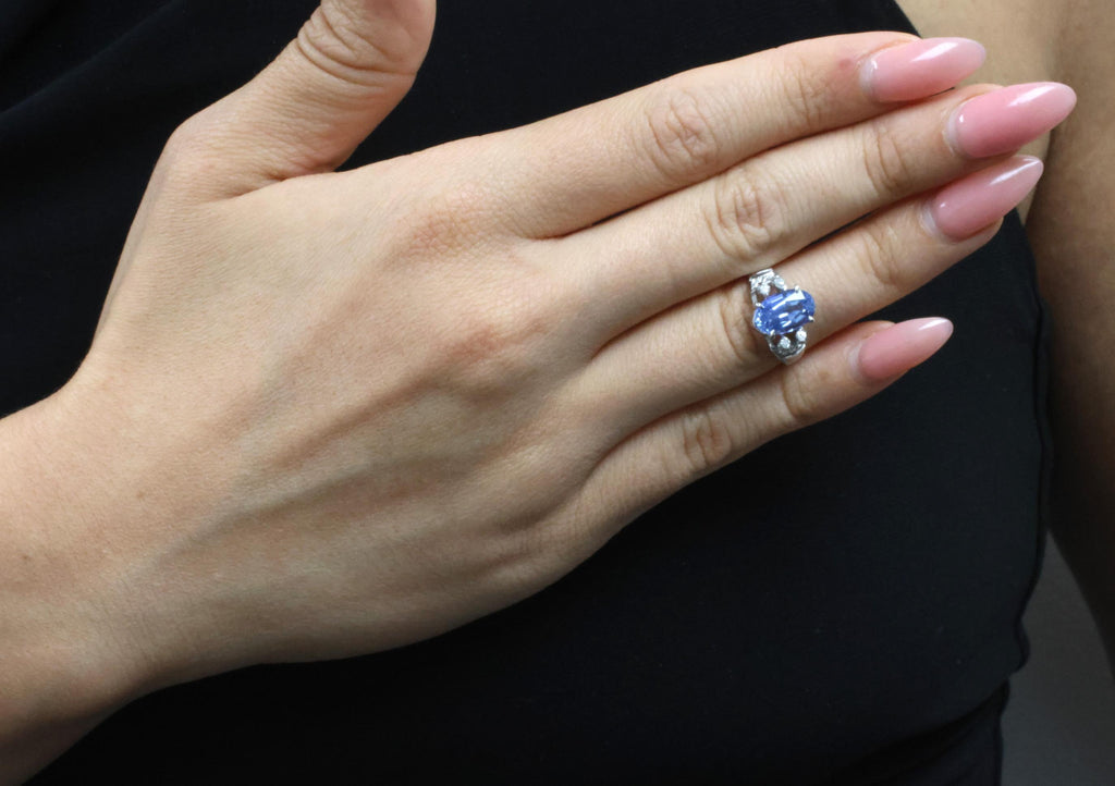 Fine 3.62ct GIA Ceylon No Heat Blue Sapphire 0.20ct Diamond 18K Gold Ring Size 6