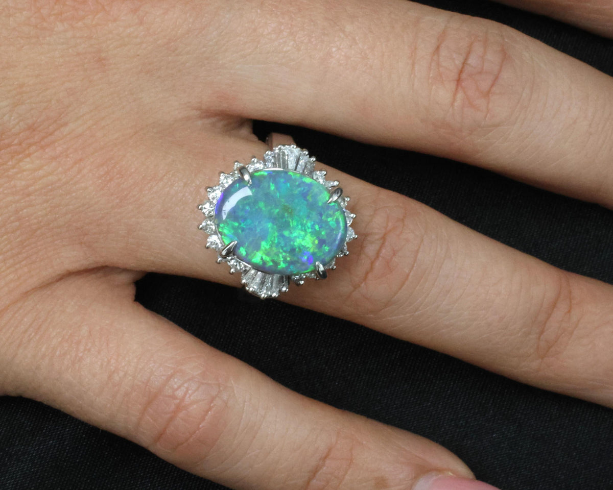 Fine 6.00ct Natural Untreated Black Opal 0.80ct Diamond Platinum Ring, Size 8.25