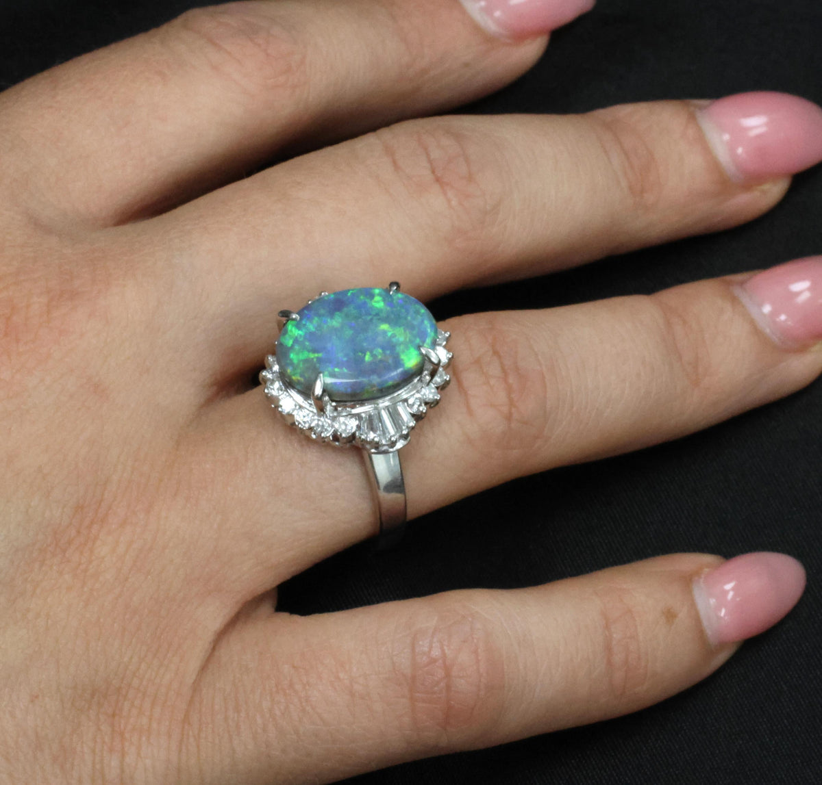Fine 6.00ct Natural Untreated Black Opal 0.80ct Diamond Platinum Ring, Size 8.25