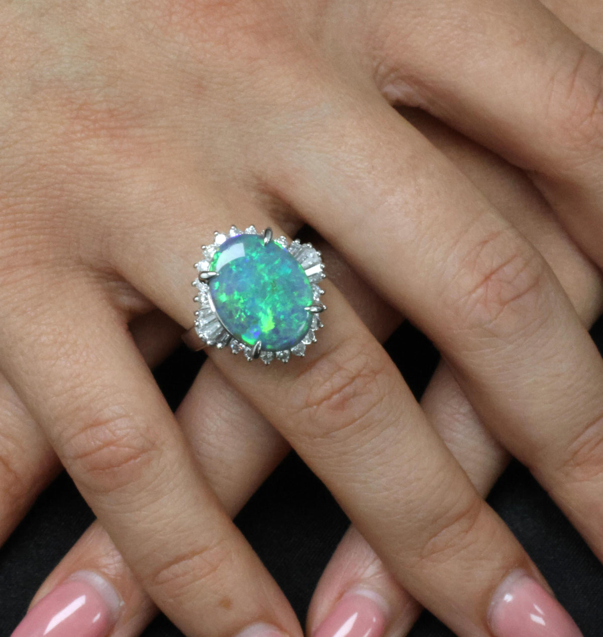 Fine 6.00ct Natural Untreated Black Opal 0.80ct Diamond Platinum Ring, Size 8.25