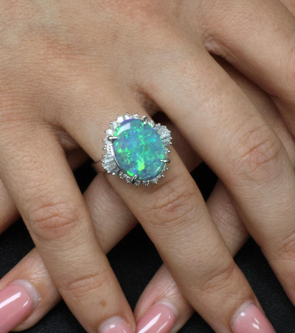 Fine 6.00ct Natural Untreated Black Opal 0.80ct Diamond Platinum Ring, Size 8.25