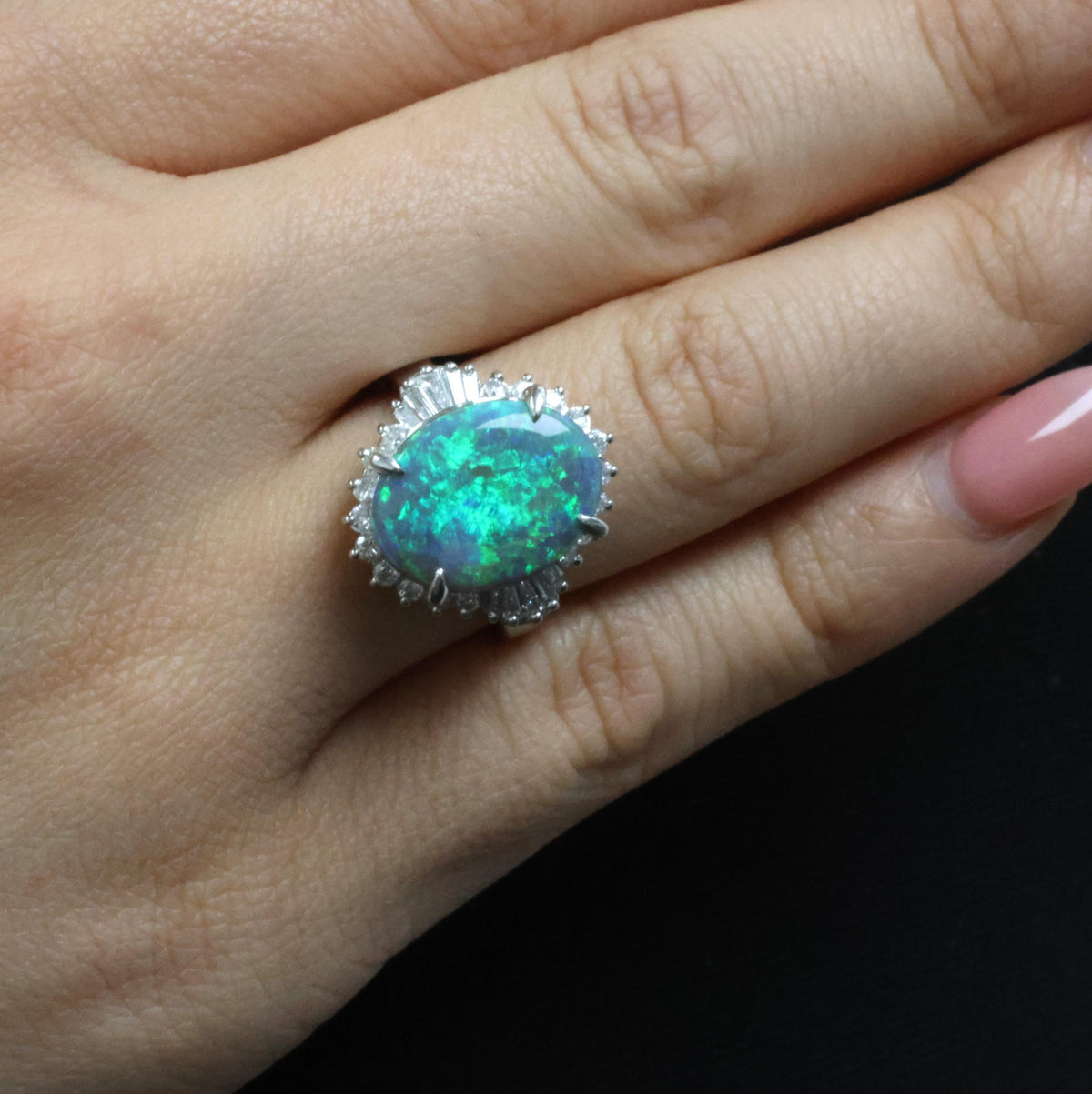 Fine 6.00ct Natural Untreated Black Opal 0.80ct Diamond Platinum Ring, Size 8.25