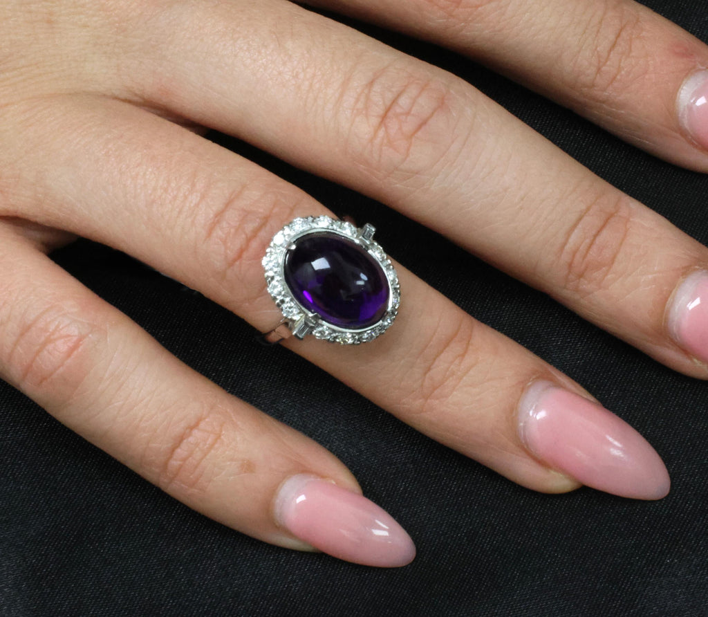Vintage 7.70ct Natural Purple Amethyst 0.48ct Diamond Halo Platinum Ring, Size 6