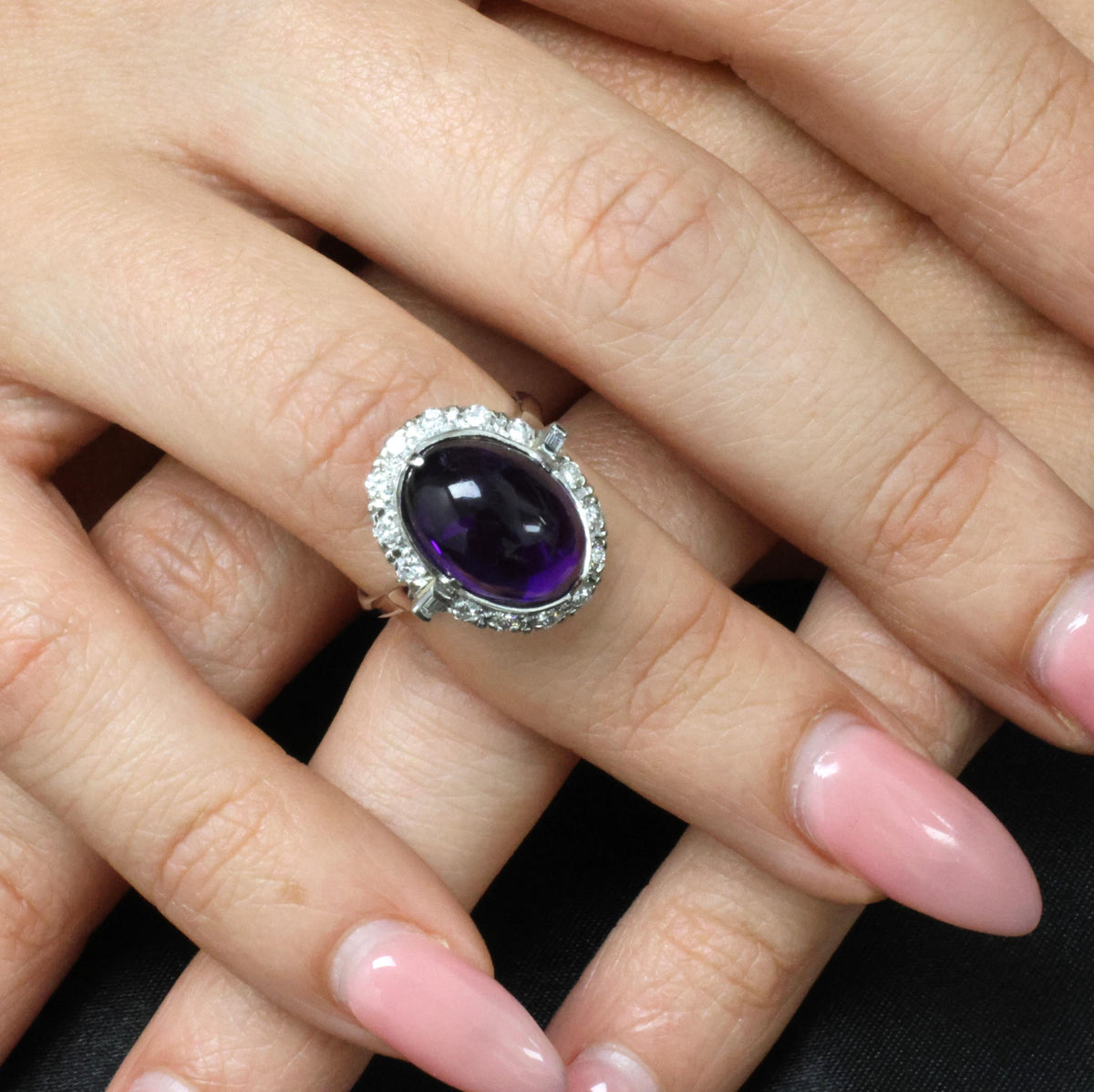 Vintage 7.70ct Natural Purple Amethyst 0.48ct Diamond Halo Platinum Ring, Size 6