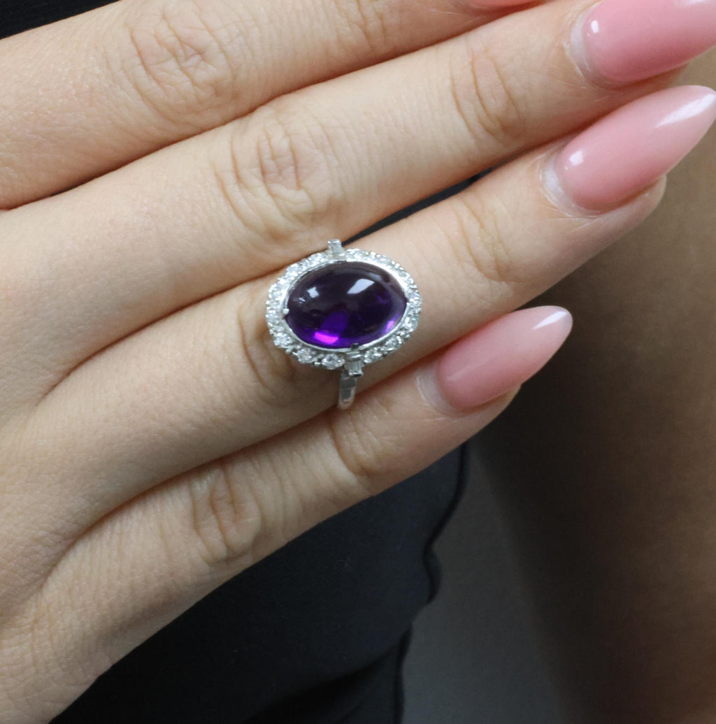 Vintage 7.70ct Natural Purple Amethyst 0.48ct Diamond Halo Platinum Ring, Size 6