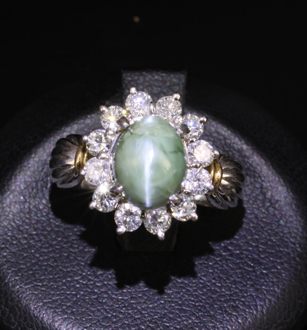 3.87ct Alexandrite Cat's Eye 0.97ct Diamond Platinum & 18K Gold Ring Size 5.5
