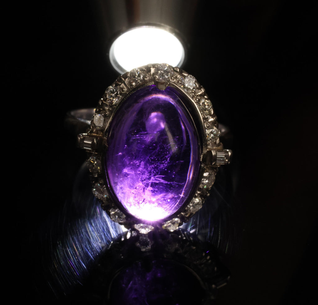 Vintage 7.70ct Natural Purple Amethyst 0.48ct Diamond Halo Platinum Ring, Size 6