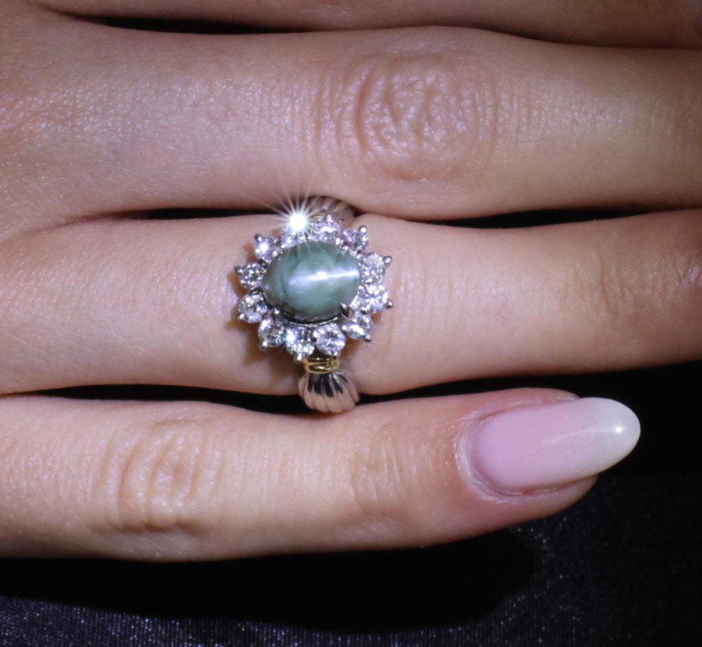 3.87ct Alexandrite Cat's Eye 0.97ct Diamond Platinum & 18K Gold Ring Size 5.5