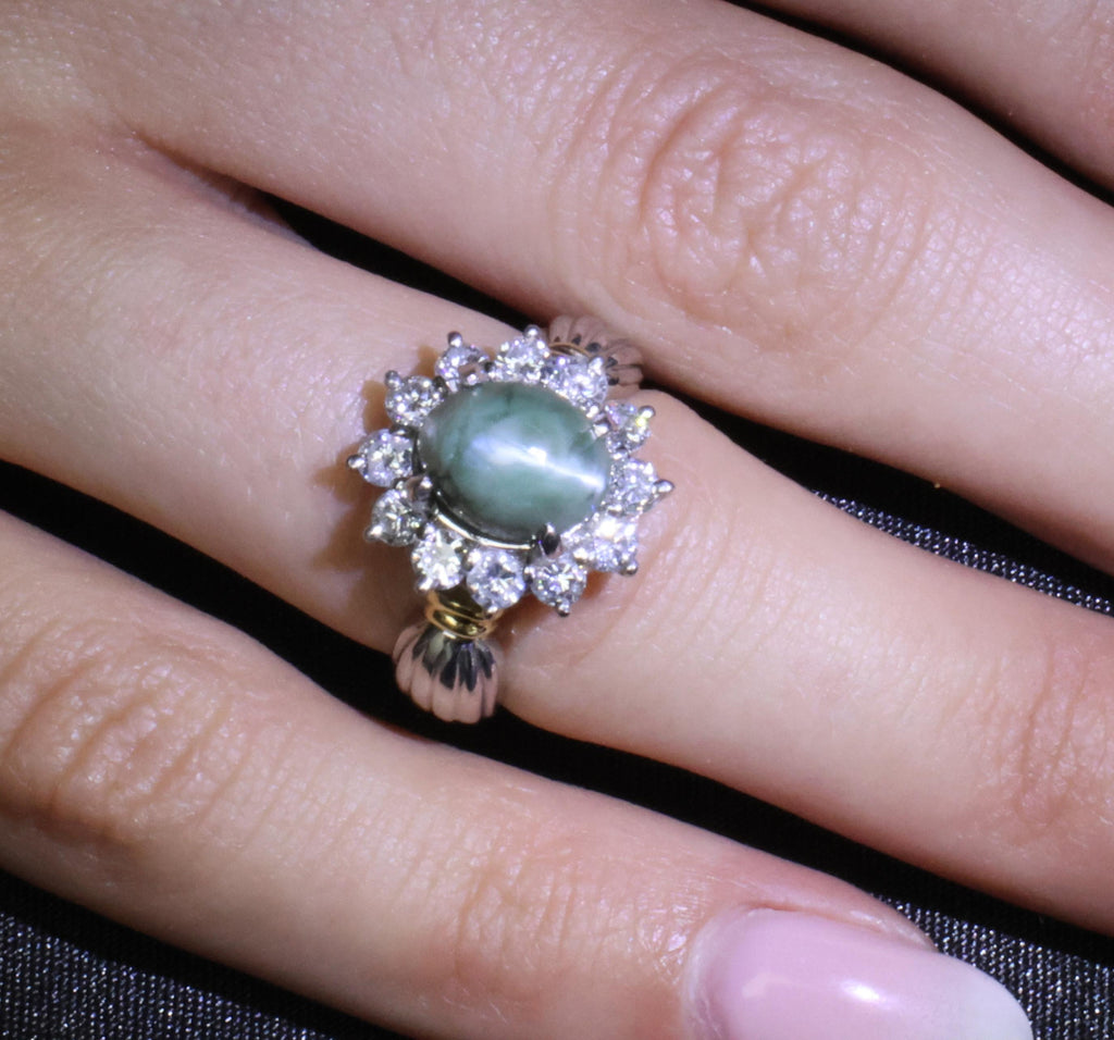 3.87ct Alexandrite Cat's Eye 0.97ct Diamond Platinum & 18K Gold Ring Size 5.5