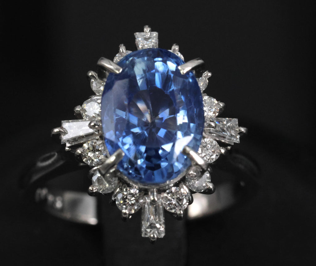 4.63ct GIA Ceylon No Heat Sapphire  & 0.53ct Diamond Halo Platinum Ring Size 6.5
